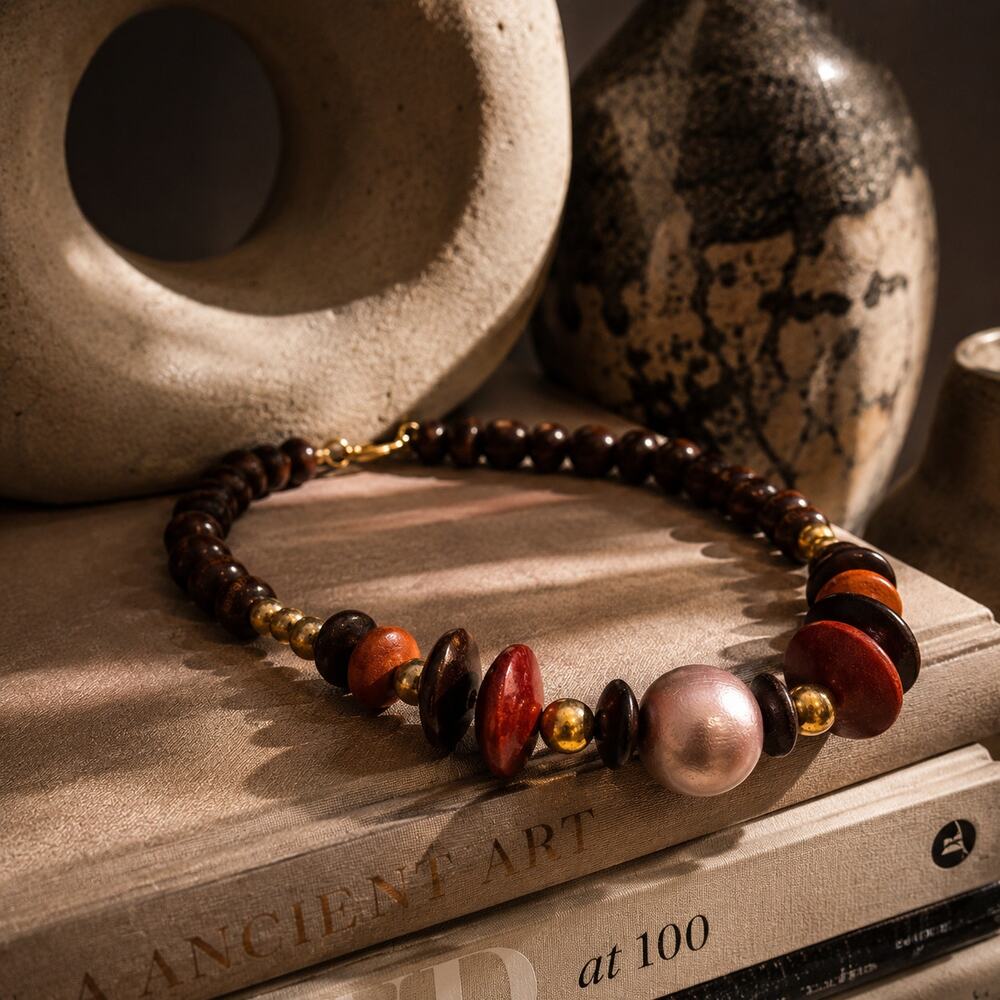Vintage Wood Bead Statement Necklace Earth Tone Artisan Boho Necklace